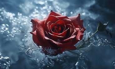 Close-up of a red rose with water droplets on a dark reflective surface, symbolizing love AI