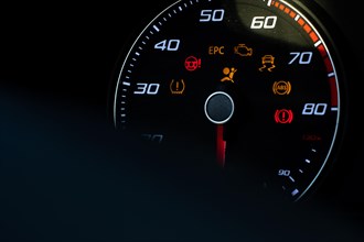 Errors on car dashboard with screen close up view