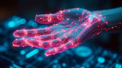 A digital representation of a hand with holographic neon lights and cyber technology theme, AI