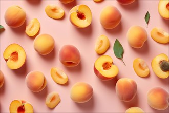 Top view of peaches on pink background. KI generiert, generiert AI generated
