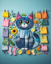 A creative flat lay arrangement of a cat made from various colorful clothes and items, AI generated