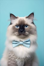 Ragdoll cat with bowtie on blue background. KI generiert, generiert AI generated