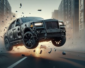 A black SUV being attacked and crashing on an urban road, debris flying through the air, AI