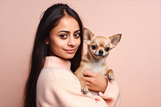 Young woman with cute chihuahua dog on pink studio background. KI generiert, generiert AI generated