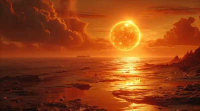A vast alien seascape with a large sun setting on the horizon under a cloudy sky, AI generated