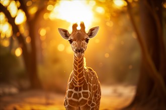 Baby giraffe standing amidst the golden rays of the setting sun, surrounded by nature s beauty, AI