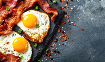Breakfast with fried eggs, bacon and vegetables on black stone background AI generated