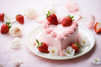 Heart shaped pink cake with strawberries. KI generiert, generiert AI generated