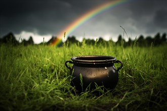 St. Patrick's day pot of gold on meadow with rainbow in background. KI generiert, generiert AI