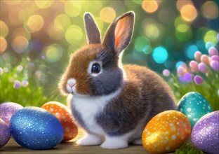 Cute little Easter bunny with colourful Easter eggs, animal child, AI generated, AI generated