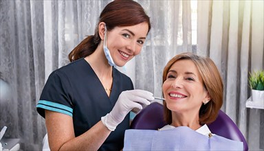 AI generated, dentist treats a middle-aged woman, dentist, blonde, 30, 35, years, dental treatment,