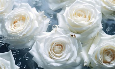 Close-up of white roses with water droplets, conveying purity and elegance AI generated