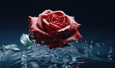 Red rose with water droplets against a dark background, symbolizing romance and freshness AI