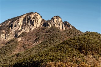 Landscape of tree cover mountain with peak of granite set against clear blue sky in South Korea