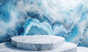 White marble podium and blue marble texture background. White marble podium and blue geode textured