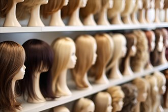 Rows of different woman's wigs in shop. KI generiert, generiert AI generated