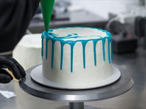 Applying final touches of blue icing to a freshly frosted white frosted cake in professional