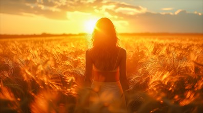 Back view of a woman gazing into a sunset over a golden wheat field, AI generated