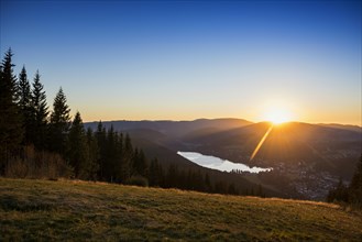 View from Hochfirst to Titisee and Feldberg, sunset, near Neustadt, Black Forest,