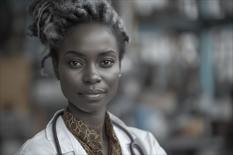 Portrait of an African American female doctor, AI generated