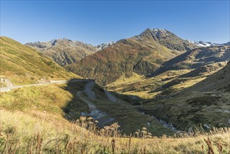 Mountain landscape and serpentines of the Oberalp Pass road, Canton Graubuenden, Switzerland,