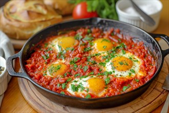 A cast-iron pan with shakshuka, egg and fresh herbs on a wooden table, AI generated, AI generated