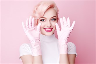 Young woman with pink cleaning gloves. KI generiert, generiert AI generated
