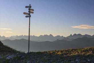 Signpost in front of mountains, hiking trail, summer, morning light, Hoher Ifen, Allgaeu Alps,