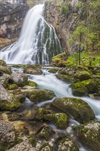 Waterfall and river, forest, gorge, summer, mountain landscape, long exposure, Gollinger waterfall,