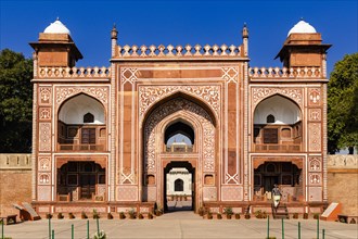 Gate at Itimad-ud-Daulah, better known as the Baby Taj, Agra, India, blue sky, art, pattern, Asia