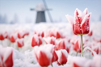 Red tulip flowers covered in snow with Dutch windmill in background. KI generiert, generiert AI