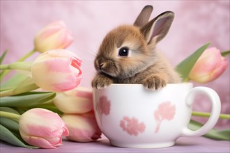 Cute tiny baby easter bunny in tea cup with tulip spring flowers. KI generiert, generiert AI