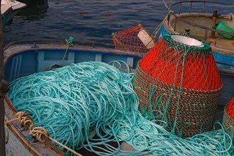 Fishing nets in a boat, Sisimuit, Greenland, Denmark, North America