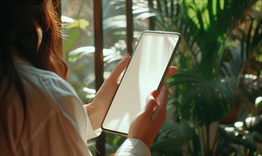 Close up of a woman holding a smartphone with a blank screen AI generated