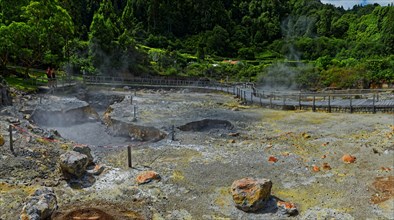 Geothermal activity with steaming mud holes and rock formations in an impressive landscape,