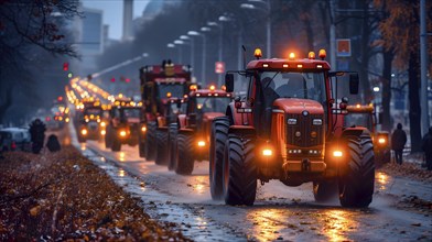 The road full of moving tractors taking part in a demonstration of farmers, AI generated, AI