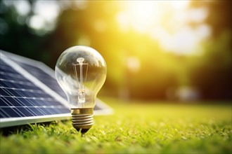 Electric light bulb and solar panel on grass with sun in background. KI generiert, generiert AI