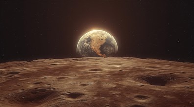 Earth viewed from the moon's surface during a lunar sunrise or sunset, AI generated