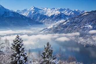 Winter panorama of Lake Zell in morning fog with the Kitzsteinhorn 3203m in the Hohe Tauern,