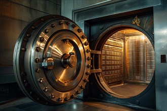 Open bank vault door, revealing a room filled with safety deposit boxes in safe depositary. The