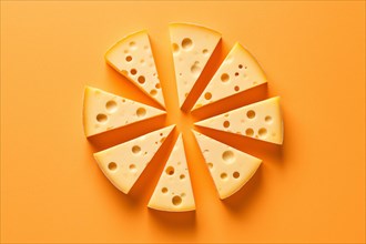 Top view of sliced cheese wheel on yellow background. KI generiert, generiert AI generated