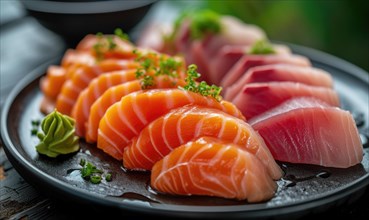 Sashimi platter with salmon, tuna, tuna, sashimi and wasabi on dark background AI generated