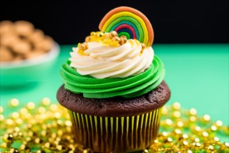 St. patrick's day cupcake with green frosting, rainbow and gold. KI generiert, generiert AI