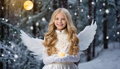 AI generated, girl, angel, winter, snow, ice, firs, snowy, snowflakes, winter landscape, costume,