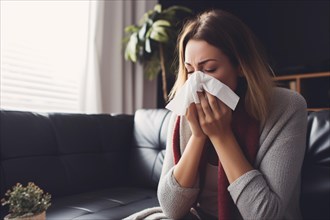 Sick woman with cold sneezing into paper tissue at home. KI generiert, generiert AI generated