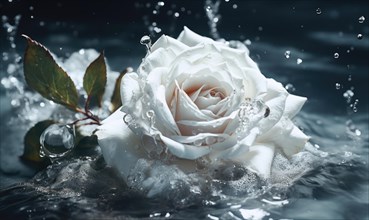 A peaceful white rose with water droplets, partially submerged in dark water AI generated