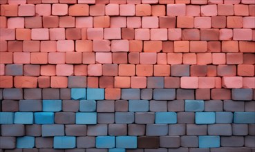 A wall with bricks transitioning in color from orange to blue, creating a gradient effect AI