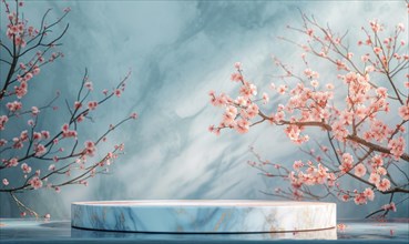 Cherry blossom tree branches and marble on blue background AI generated