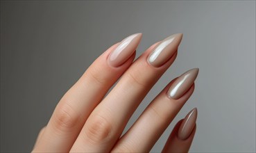 Female hand with beige nail design. Nail polish manicure AI generated