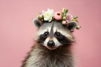 Racoon with flowers on head on pink background. KI generiert, generiert AI generated